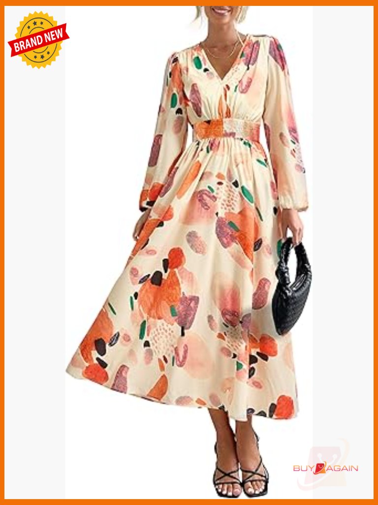 Women's Floral Midi Dress V Neck Long Sleeve Flowy A Line Swing Beach Wedding